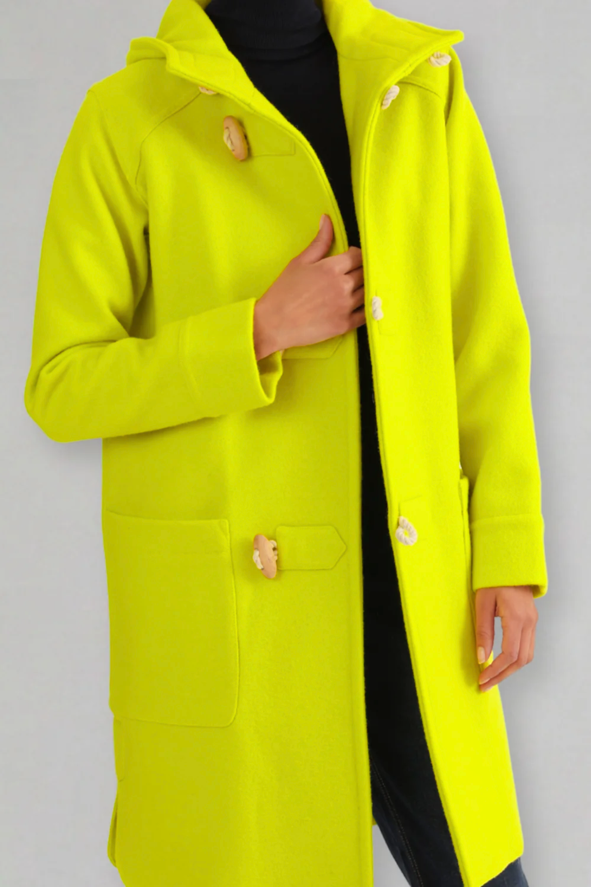 The Bowie duffle toggle wool coat in Perfect Chartreuse Yellow