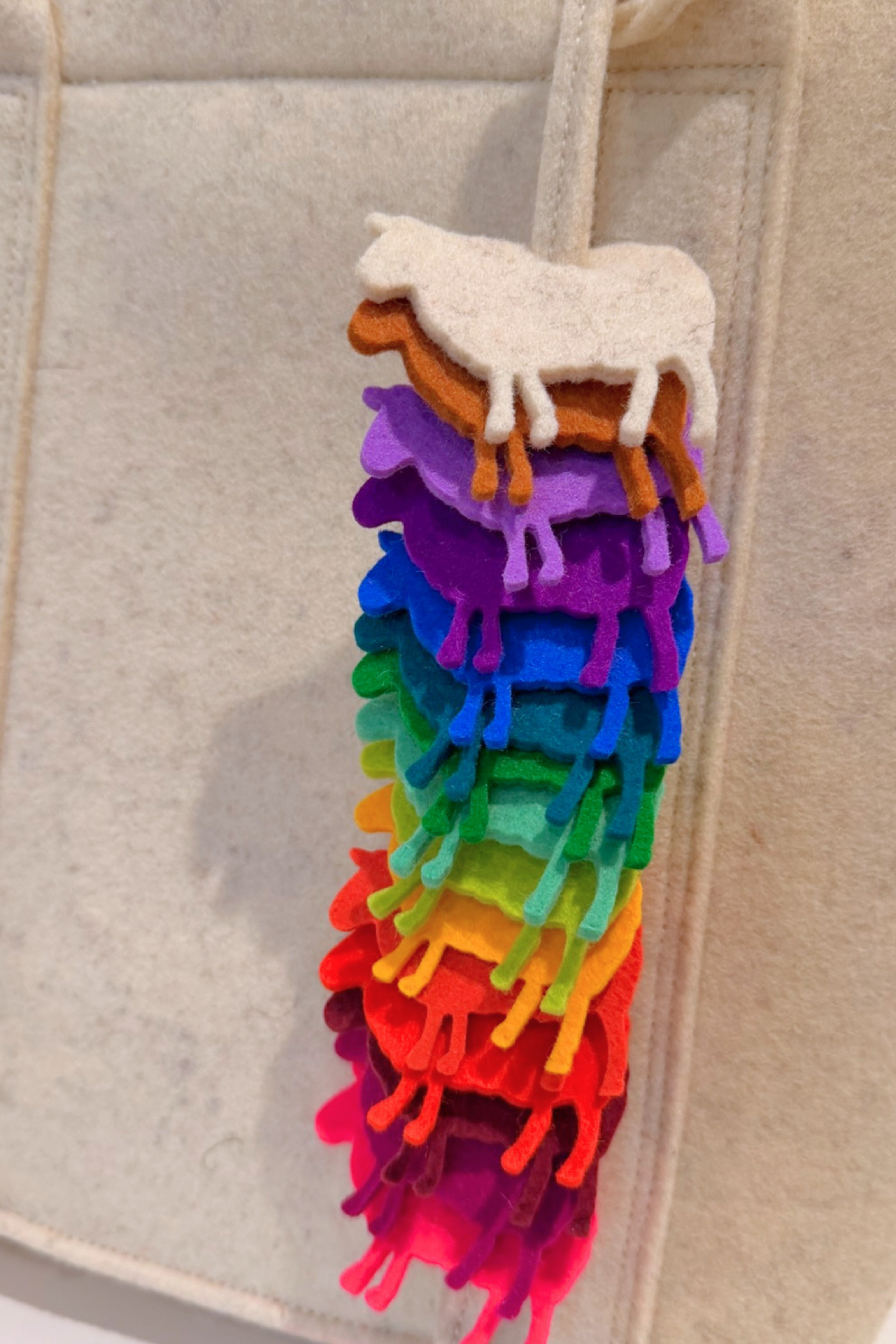 Close up of colourful sheep shaped wool charms hanging from wool bag