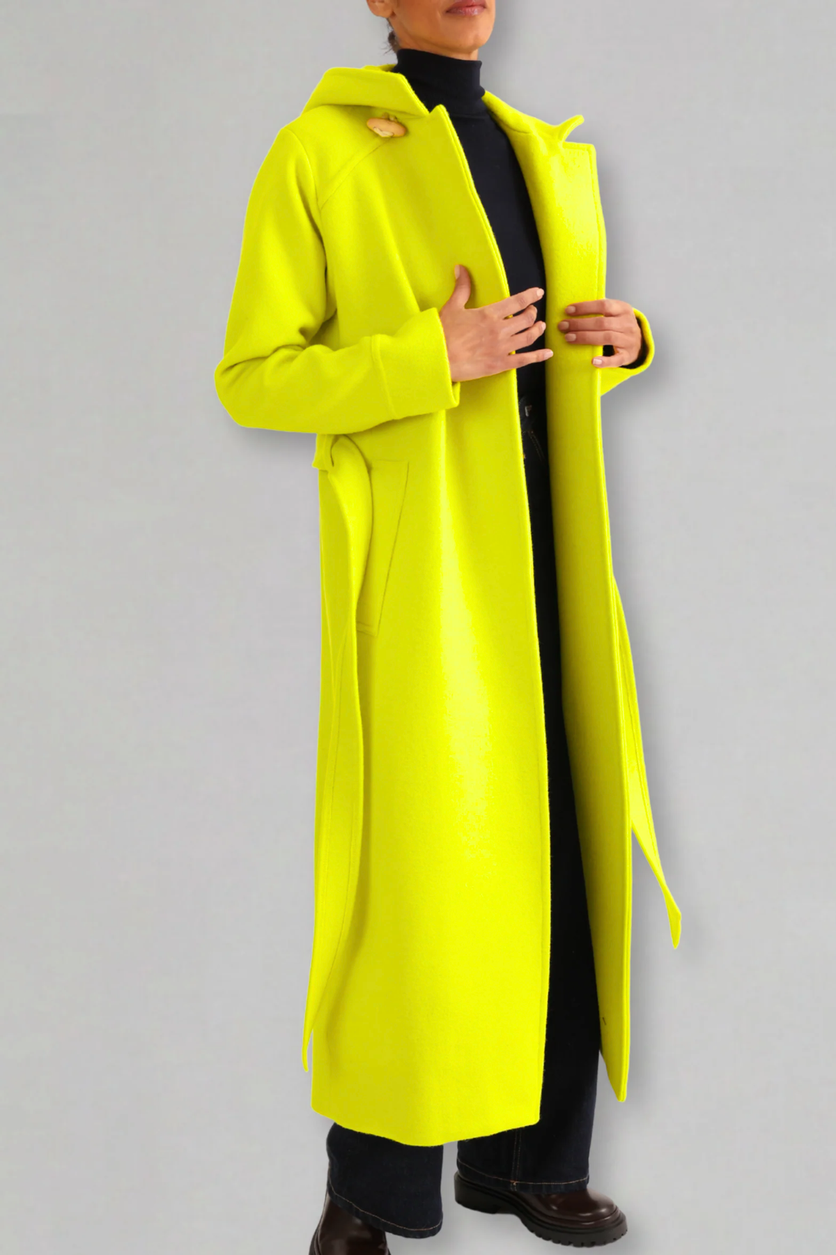 The Taylor long belted wool coat in Perfect Chartreuse Yellow