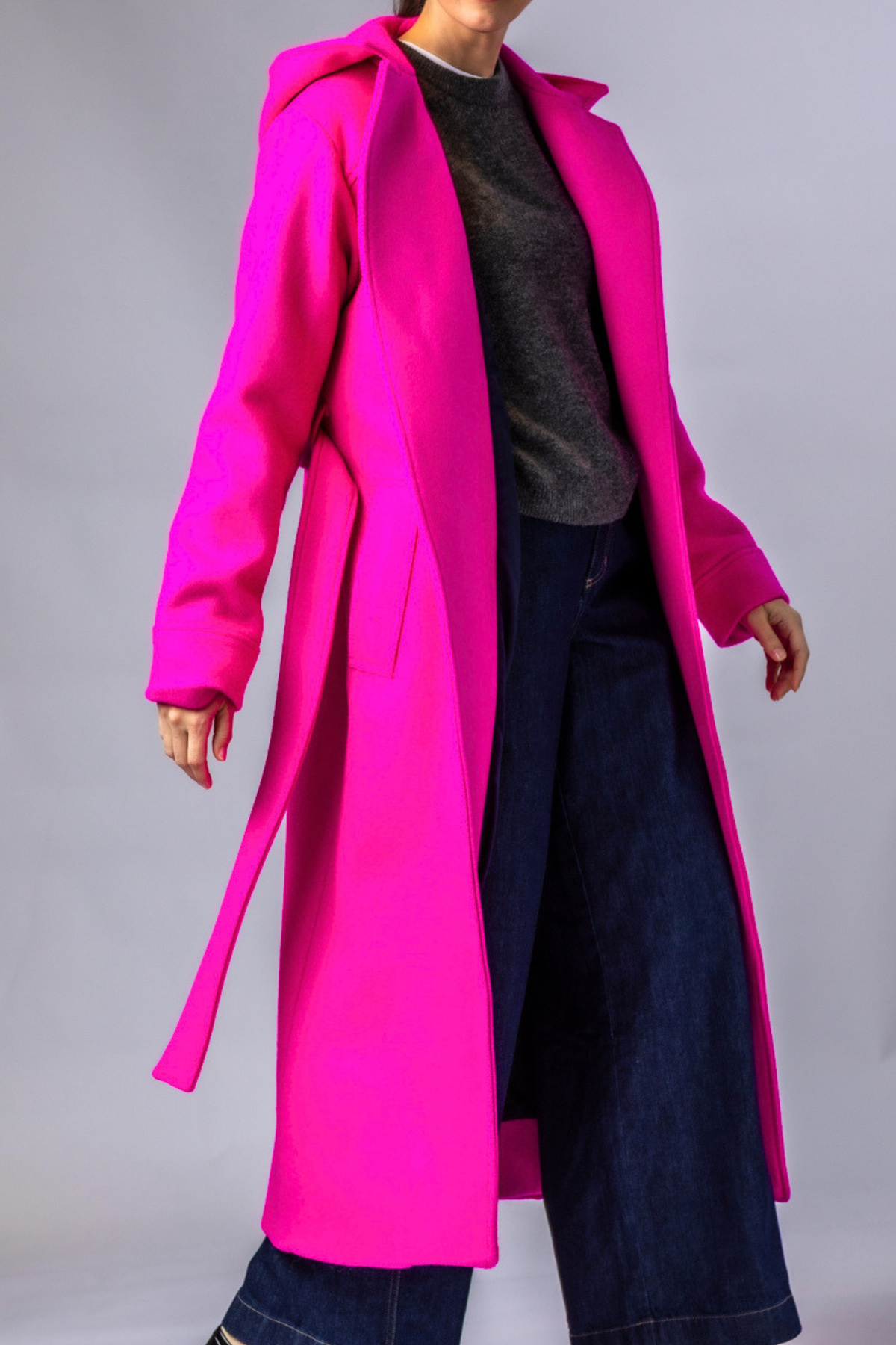 The Taylor long belted wool coat in Bright Pink Fuchsia 