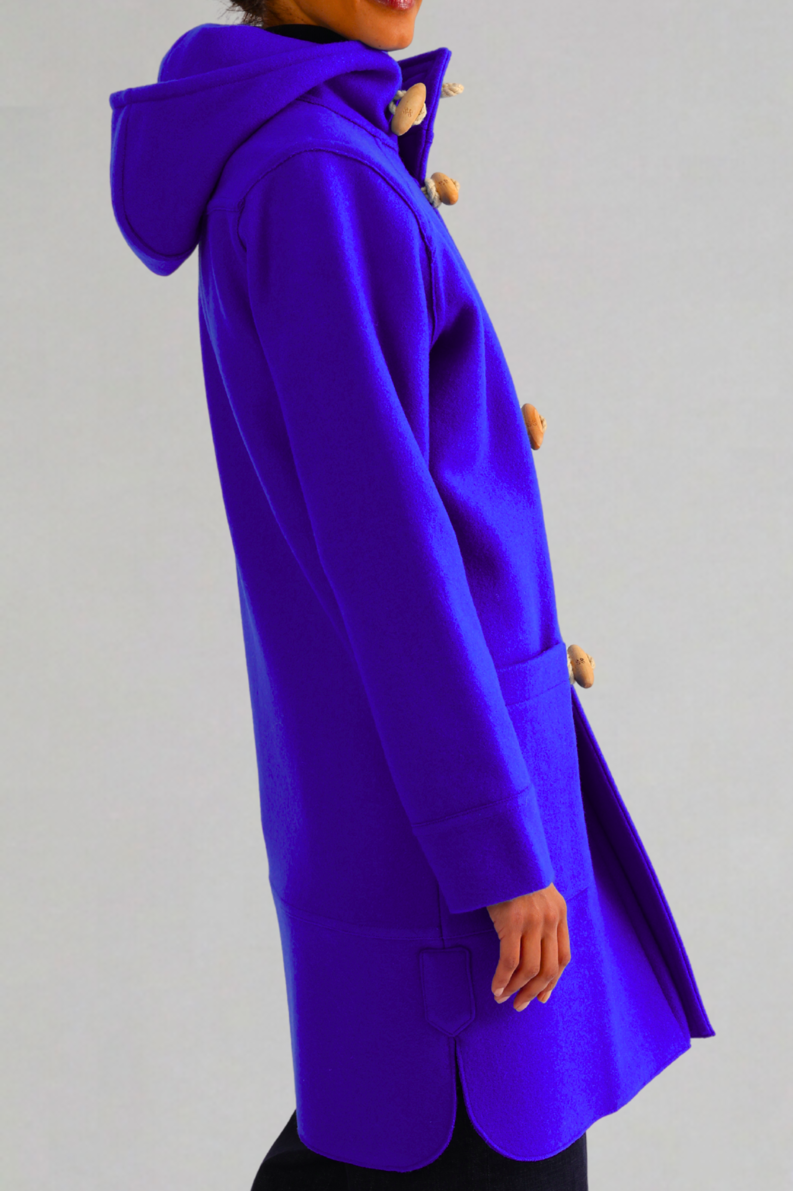 Side image of The Bowie duffle toggle wool coat in Sapphire Blue