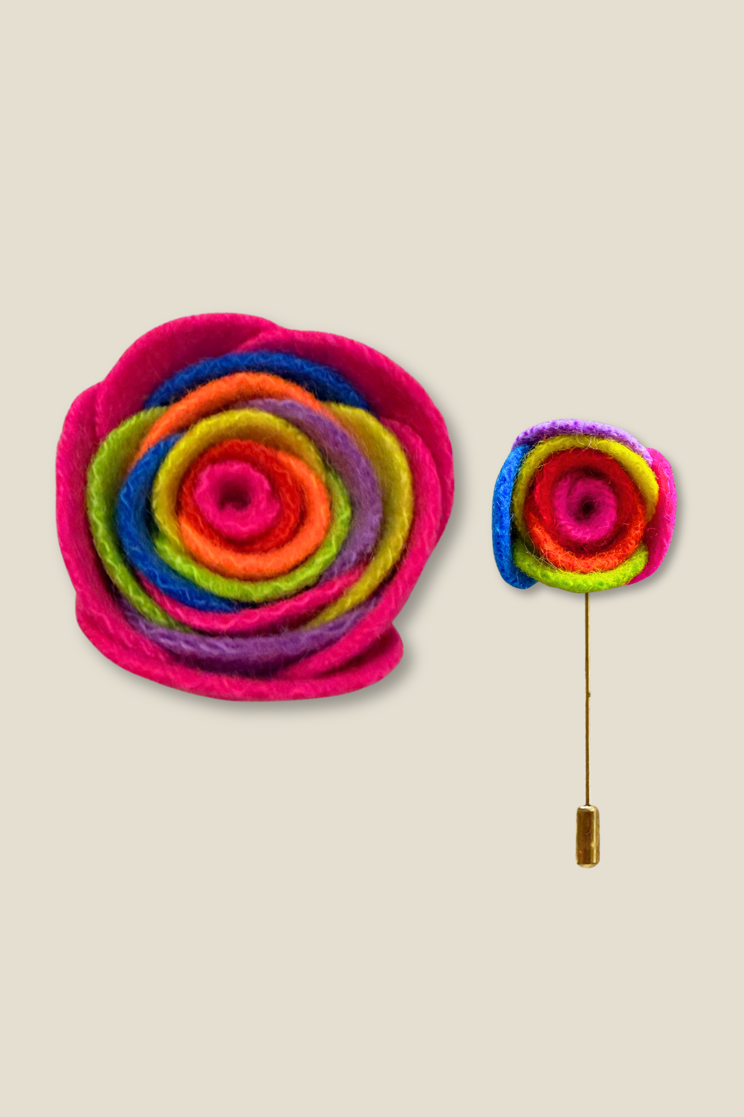 Wool felt ranunculus floral brooch and lapel pin in multicolour wool